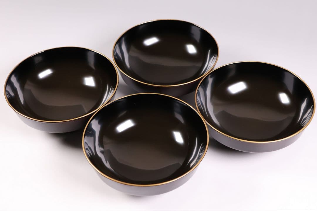 【CM379】大正期 月と松 飛翔鶴 金蒔絵 欅地溜塗 黒塗 椀四客 木製漆器