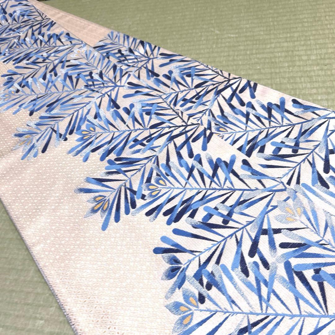 正絹　袋帯《藍染　葉模様》