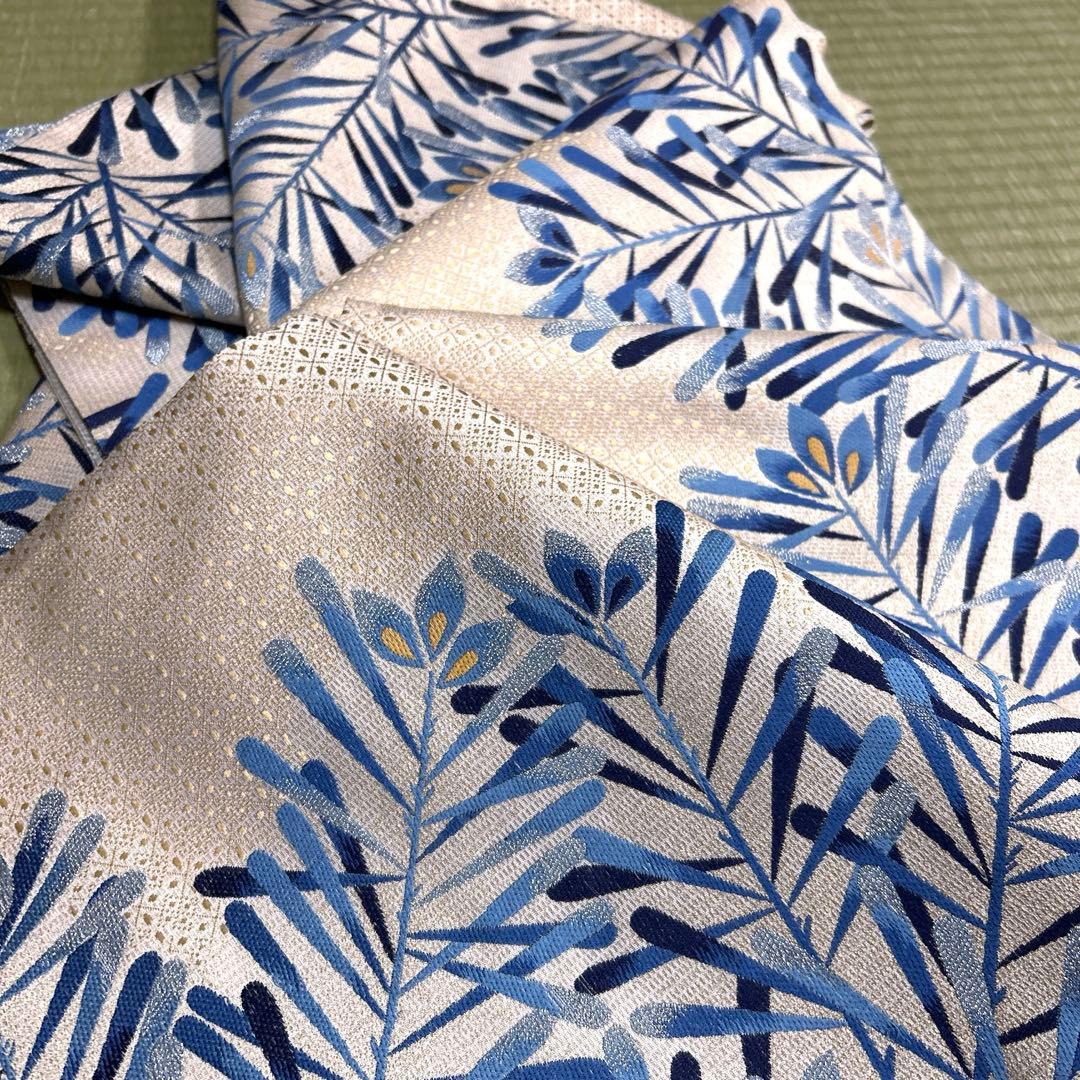 正絹　袋帯《藍染　葉模様》