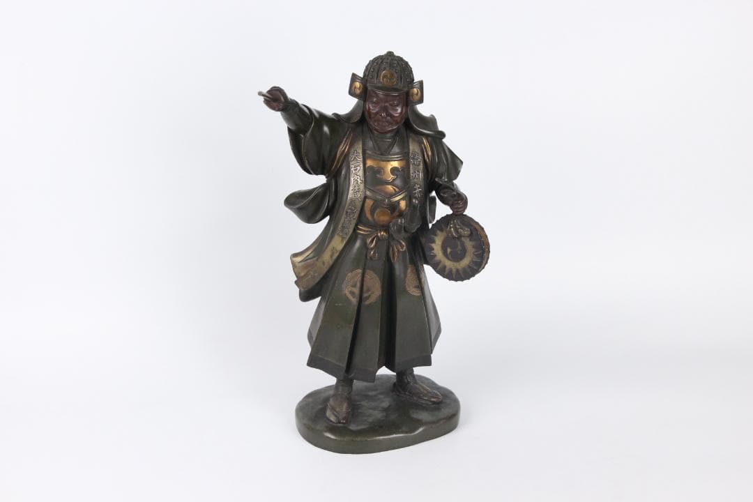 日本美術　銅製武人像　正秀作　細密彫刻　金象嵌　明治期金工　時代物 Eo1-21