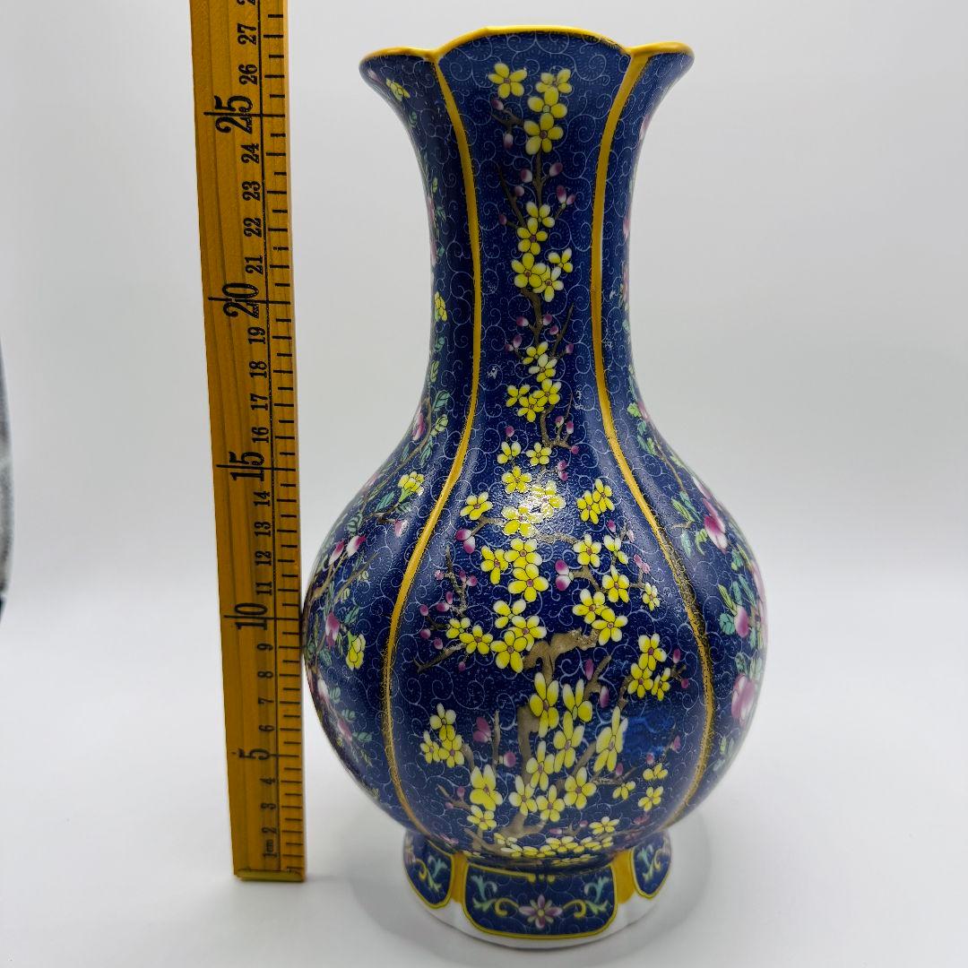 L106 青彩四角エナメル彩彩磁器花瓶 アンティーク