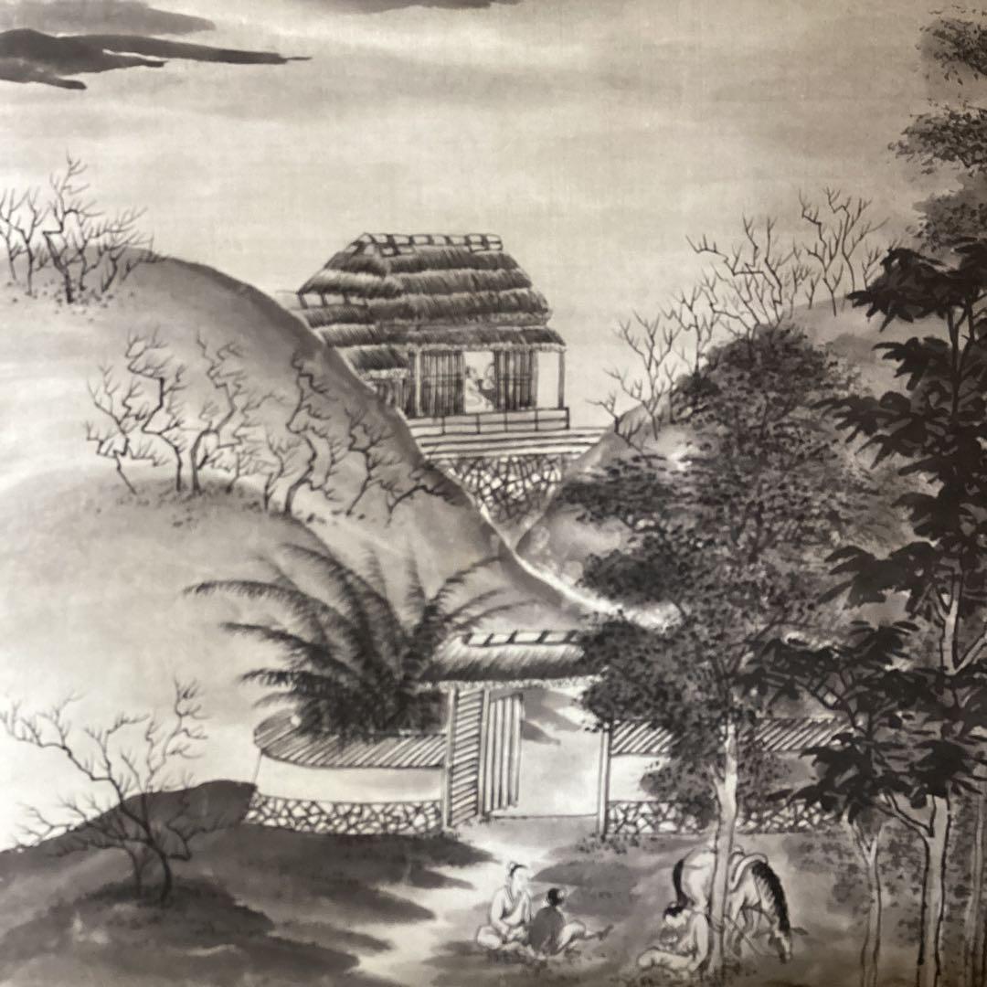 橋本雅邦　紙本水墨画《風景人物画》肉筆　落款印譜あり　双幅捲り　模写　NO107