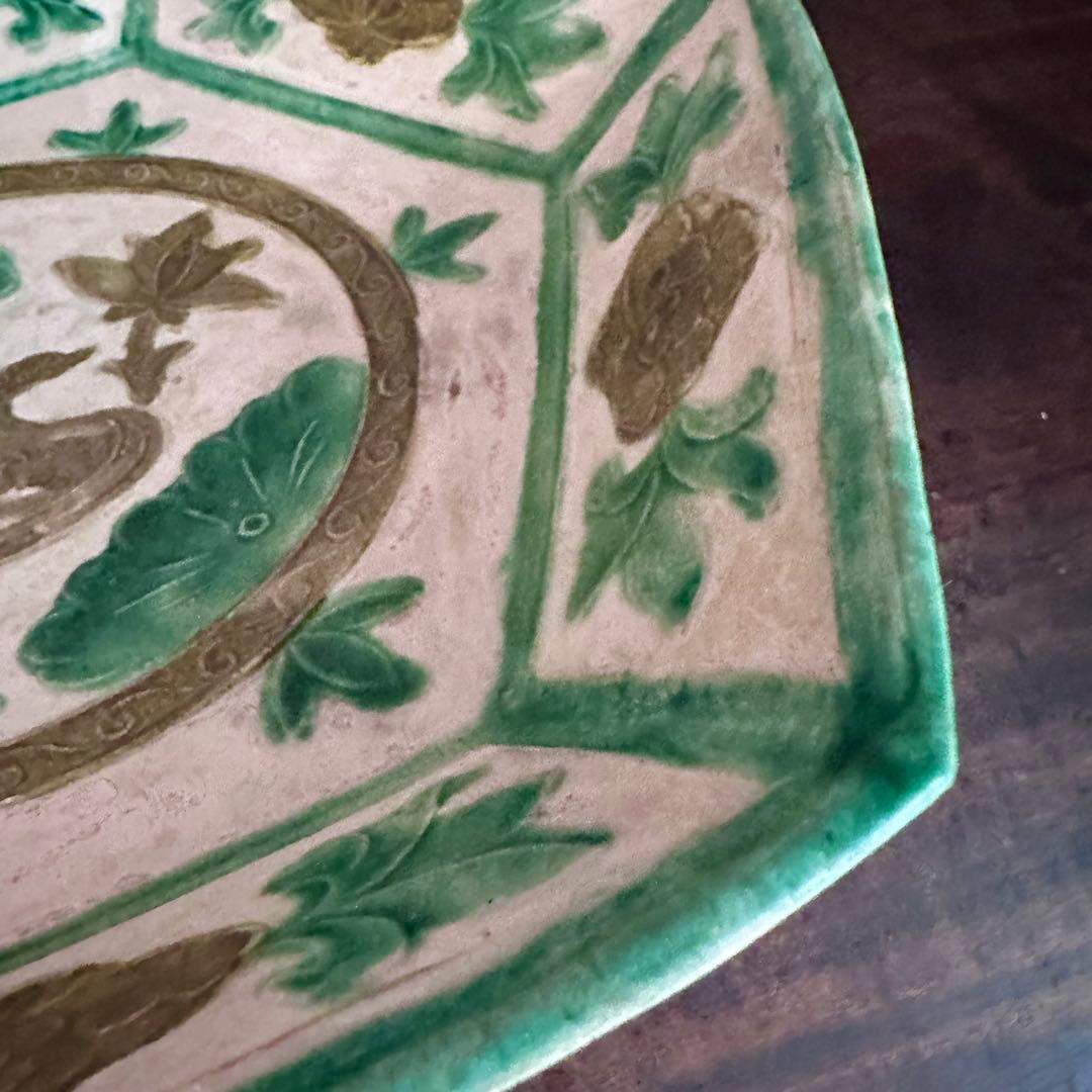 希少 遼代 三彩八角盤 清朝期 粉彩花の図 輪花台皿 中国古玩 中国美術 骨董品