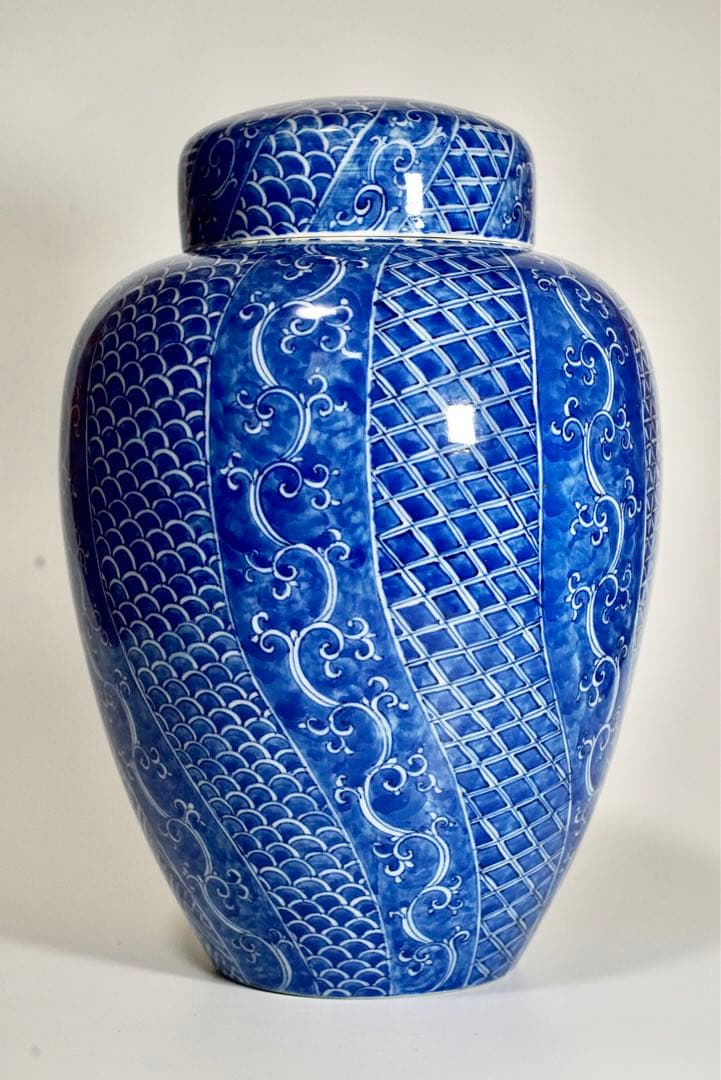 初代 川本桝吉 枡吉 染付有職文沈香壺 明治期瀬戸の名工　瀬戸焼