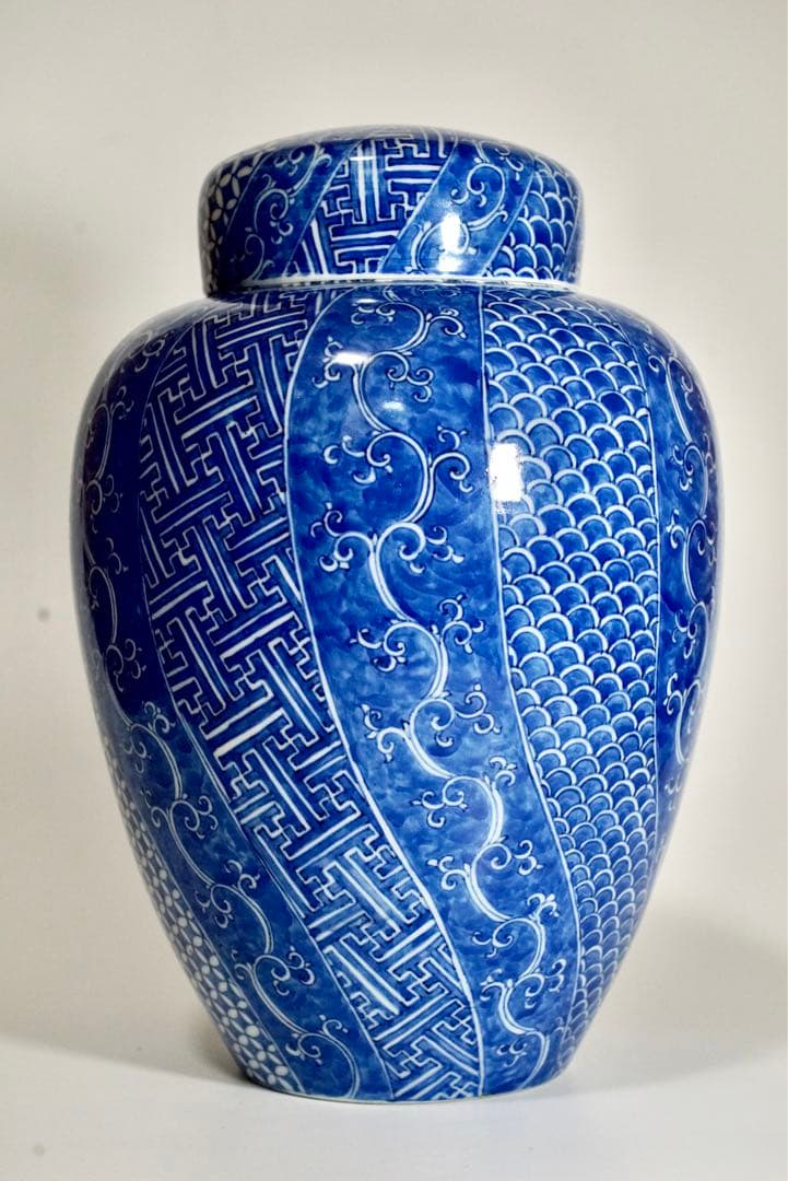 初代 川本桝吉 枡吉 染付有職文沈香壺 明治期瀬戸の名工　瀬戸焼