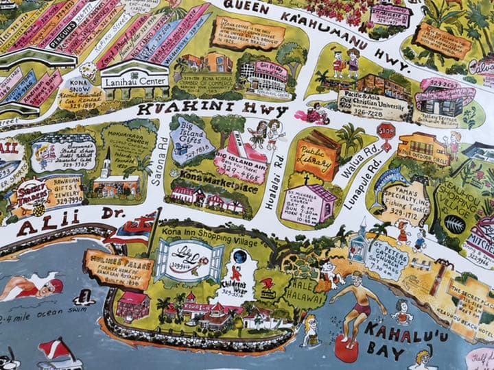 超レア80年代オリジナルハワイ島カイルアコナイラストマップビンテージポスター地図
