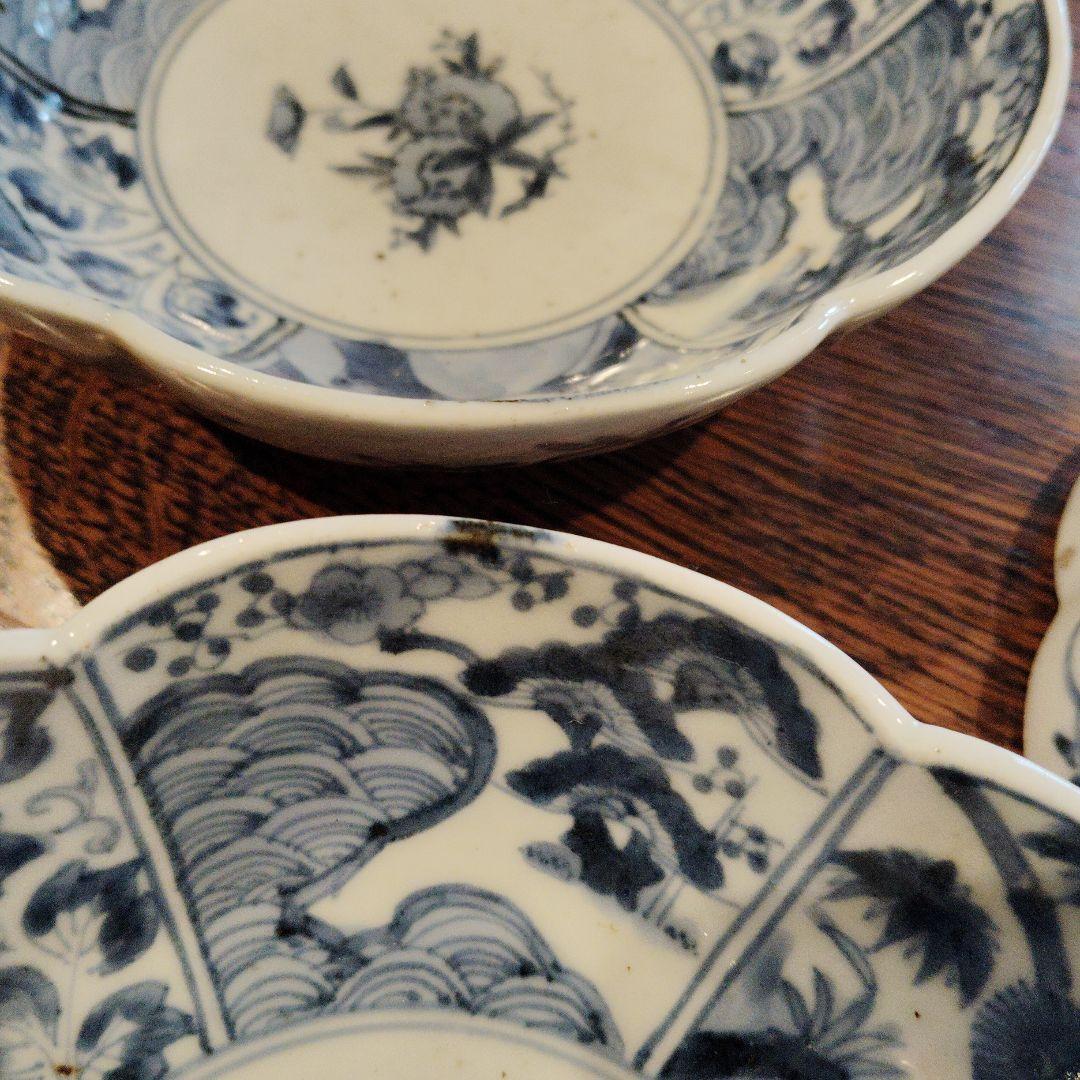 古伊万里なます皿、渦福柿右衛門手。青白磁 花柄 6客