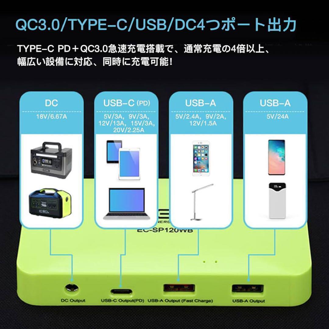 ソーラーパネル 折りたたみ式 10種類DCプラグ付 IP6 120W 防災対策