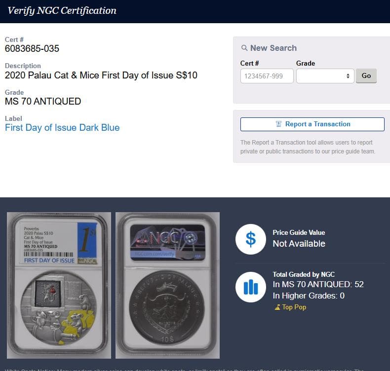 ★箱付き NGC MS70 銀貨 猫がいない時ねずみが踊る 2020 パラオ