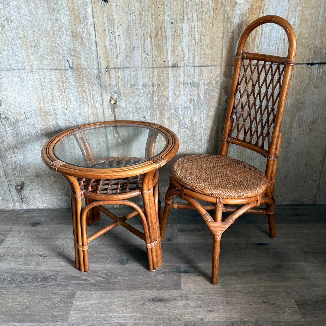 kazama ヴィンテージラタン　ラウンドテーブル & チェア　ラウンジセット