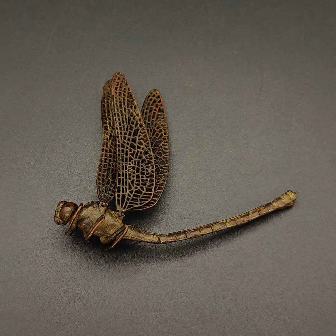 2品　銅製置物　蜻蛉　トンボ　勝虫　雨宮宗作　関節可動　金工品　茶道具