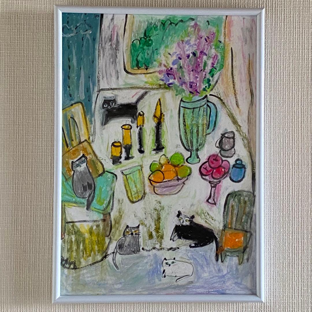 絵画 。手描き【部屋で楽しく遊んでいるかわいい猫たち】