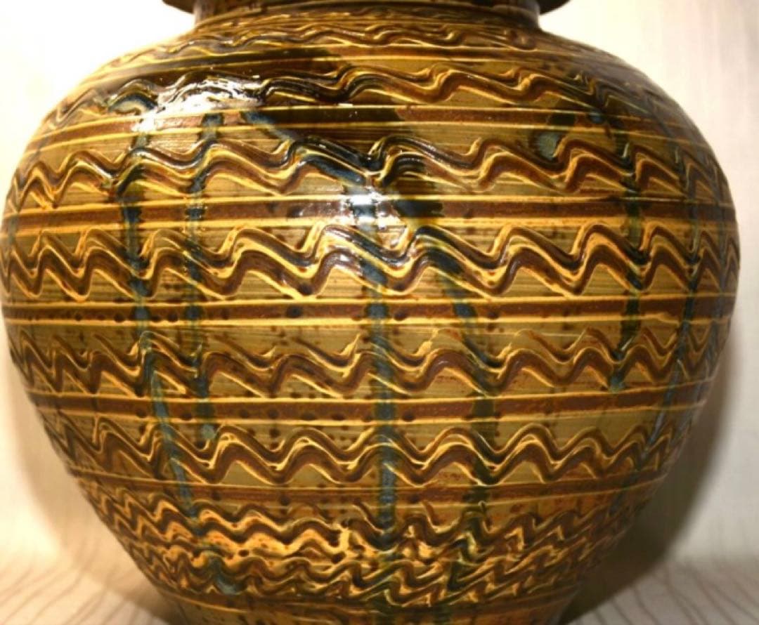 小鹿田焼 横縞櫛目緑釉打掛蓋付壺 29cm 未使用美品 民藝