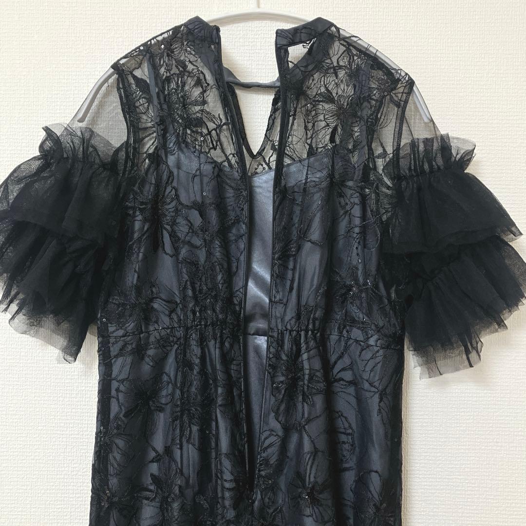 美品　人気　ニアナ　スパンコール刺繍レースドレス キーホールネック　ブラック　Ｌ