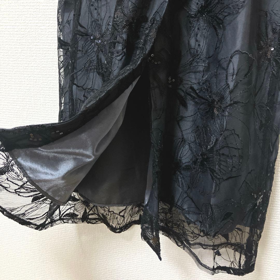 美品　人気　ニアナ　スパンコール刺繍レースドレス キーホールネック　ブラック　Ｌ