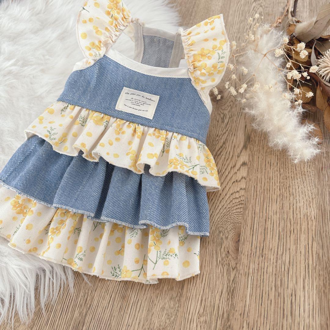 ハンドメイド　ミモザ×デニム　肩フリル3段ティアードワンピース