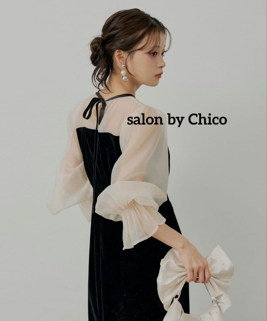 Chico ブラックドレス 配色シースルータイトロングドレス フリル