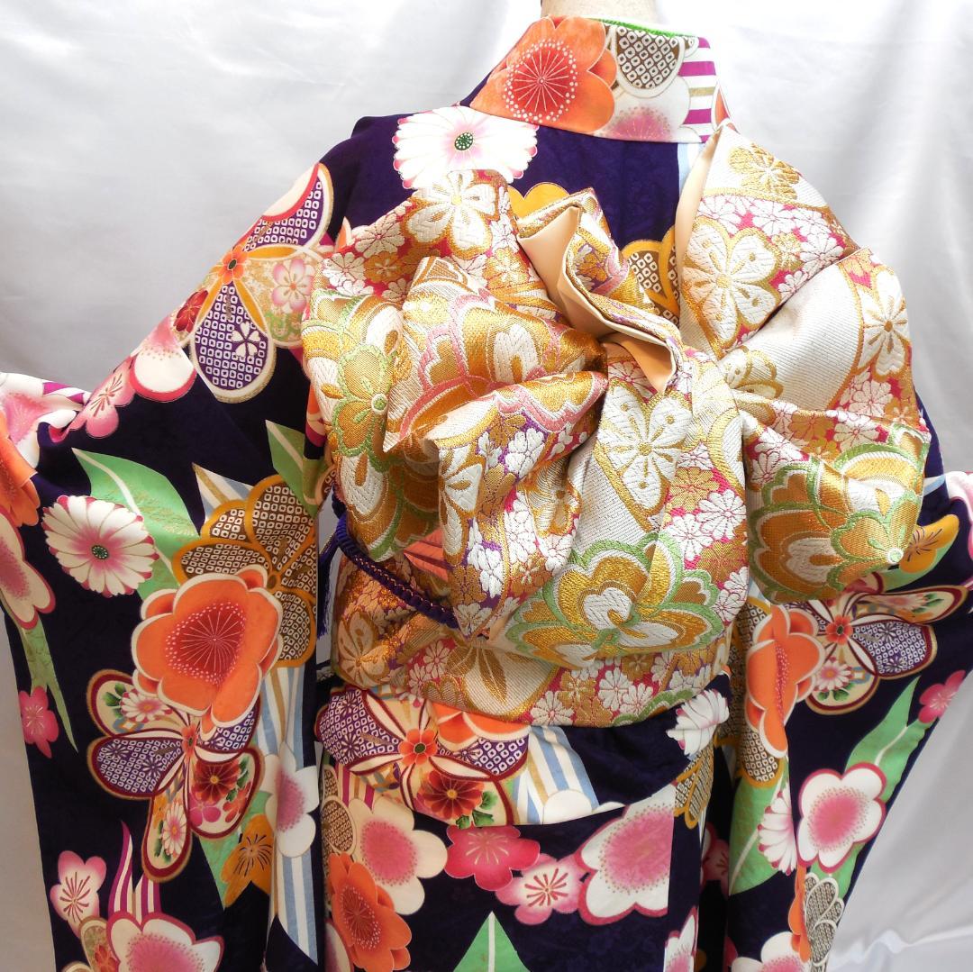 未使用品★洗える振袖　振袖フルセット　ポリ　成人式　振袖　M～Ｌサイズ　紺　花柄