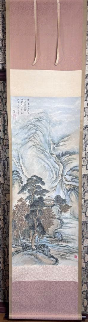 水墨画　掛け軸　清泉秋声 謝陽画　山水　中国　張大千大風堂　カラー　箱付