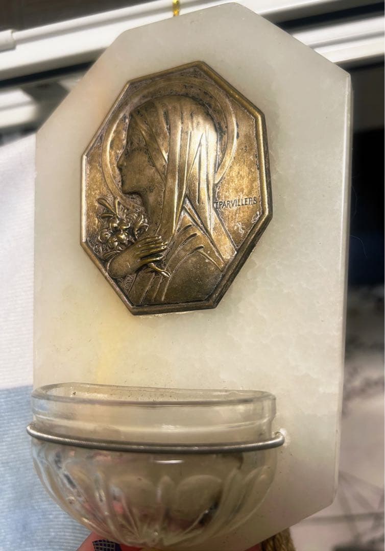 フランス　アンティーク　聖水盤　大理石 静か　聖母　ブロカント