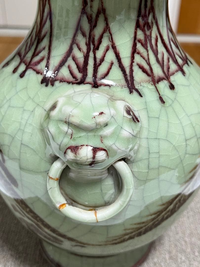 中国美術 龍泉窯 古典焼 官窯 希少 手描 雙耳 彫雲龍文壺 花器 唐物 骨董