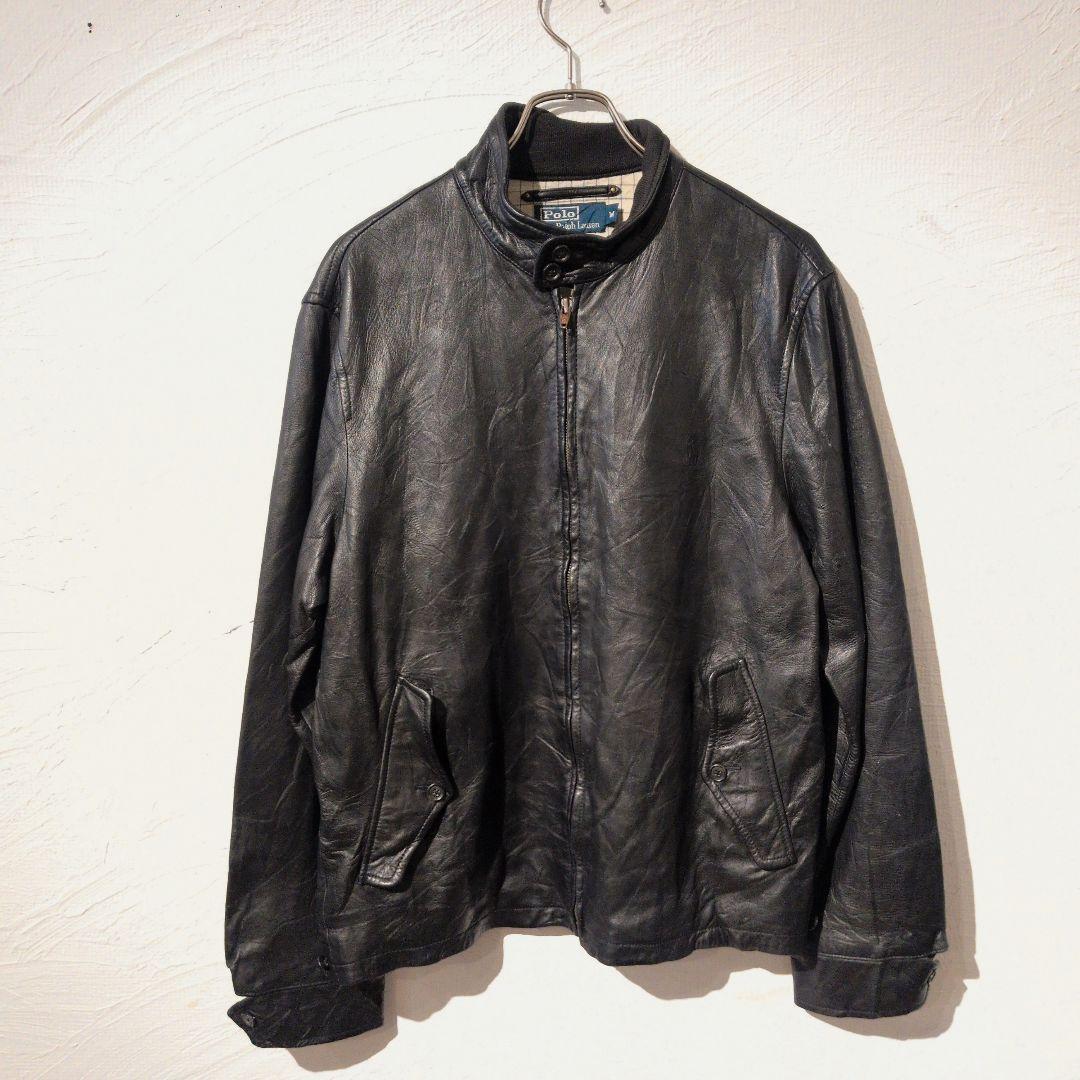 90年代希少　ラルフローレン　ブラックラムレザー　スタンドカラーレザージャケット