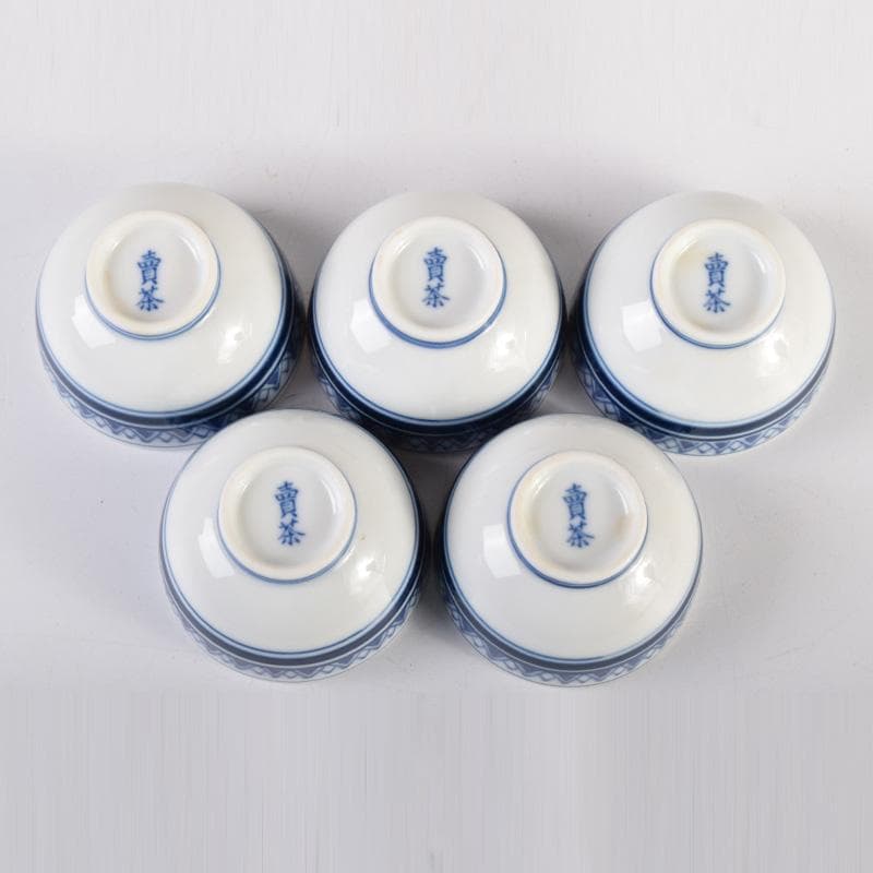 煎茶道具　賣茶好　染付　雁木文　茶碗　五客　共箱　V　7899