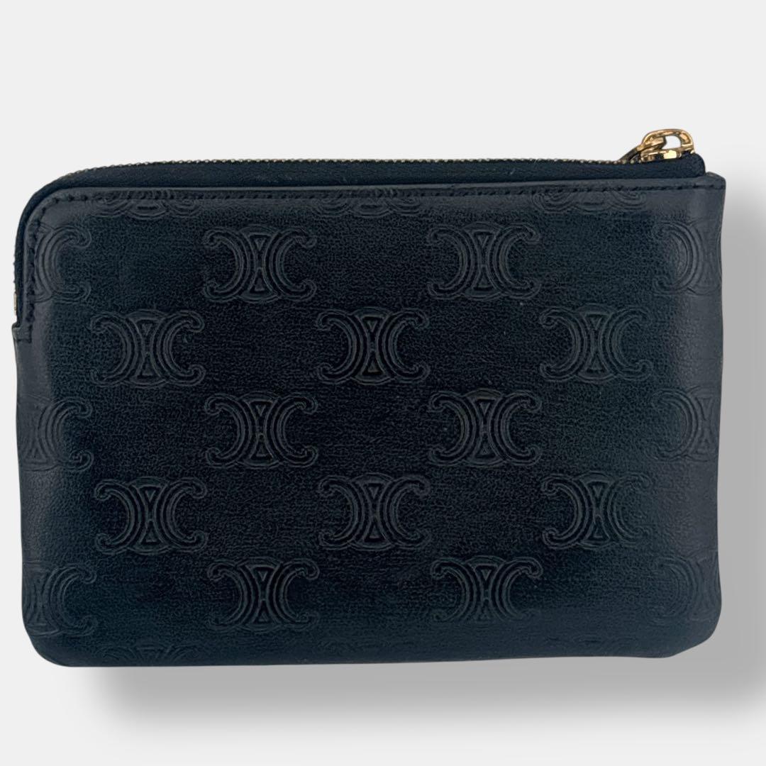 極美品 セリーヌ トリオンフ　フック付き ケース　総柄　ブラック レザー