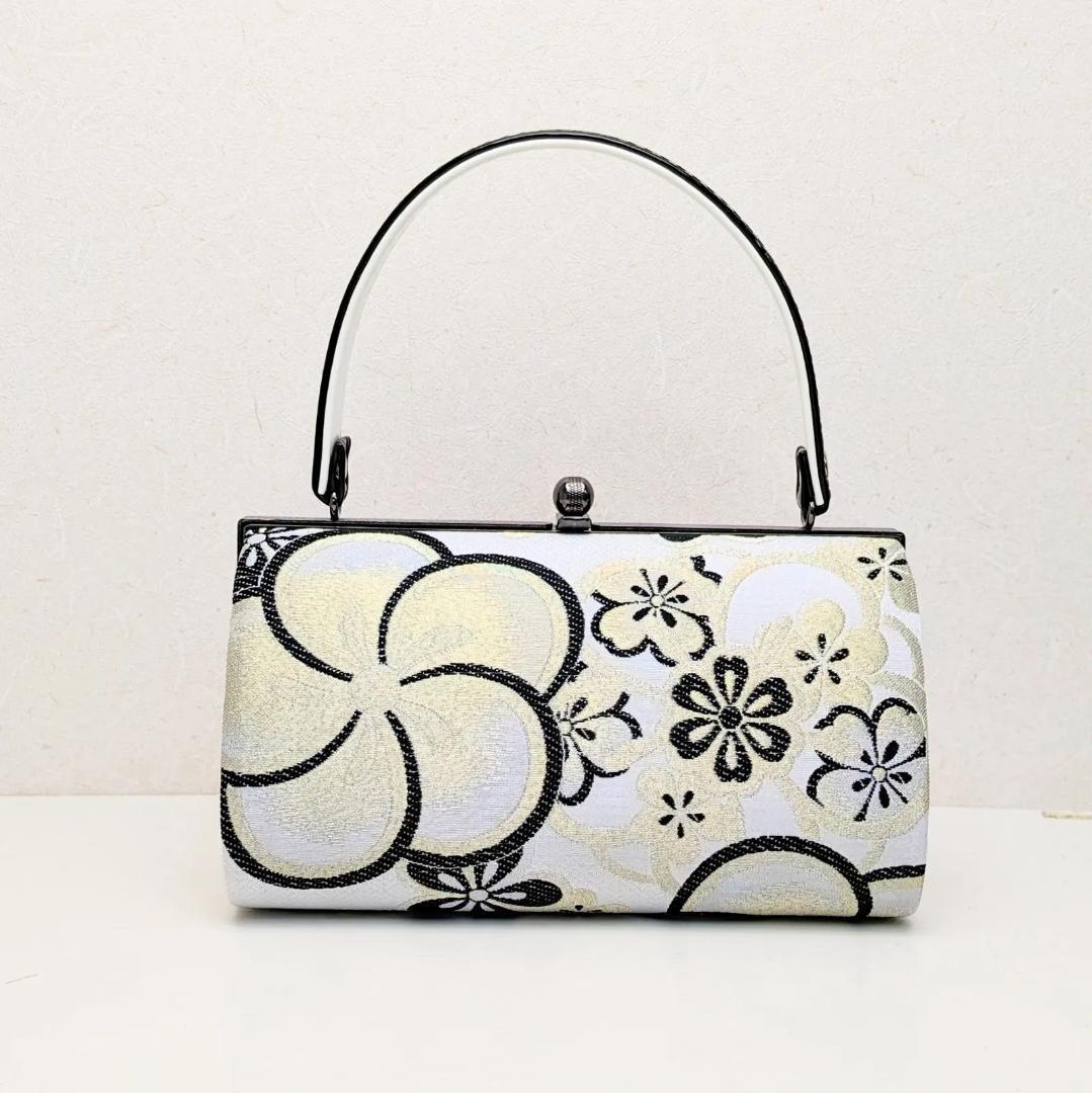 和装 草履バッグセット 帯地 梅 桜 白×黒 3枚芯 フリーサイズ k15-7