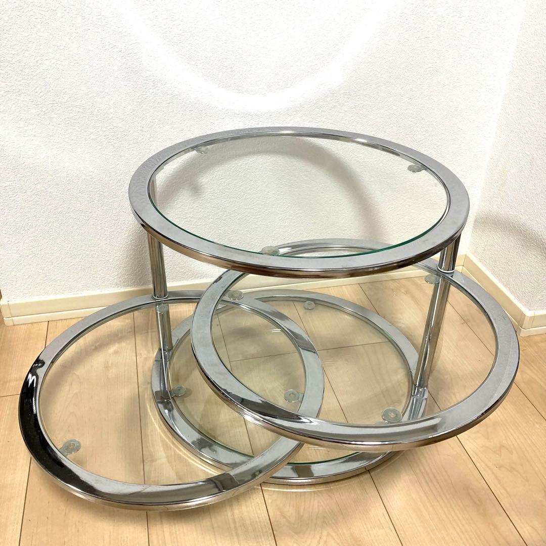 ミッドセンチュリー ラウンドテーブル 4段 丸型 北欧 ビンテージ 強化ガラス