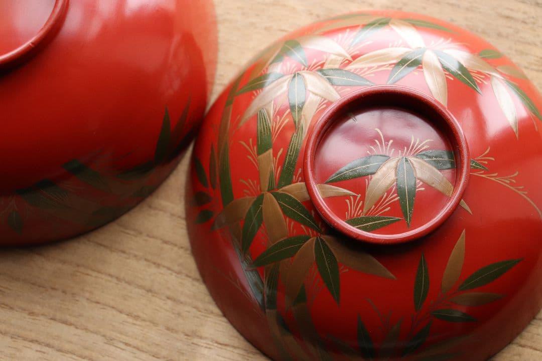 CG34 輪島塗 時代木製漆器 竹笹蒔絵 朱塗御吸物椀 五客 / 伝統漆芸茶懐石