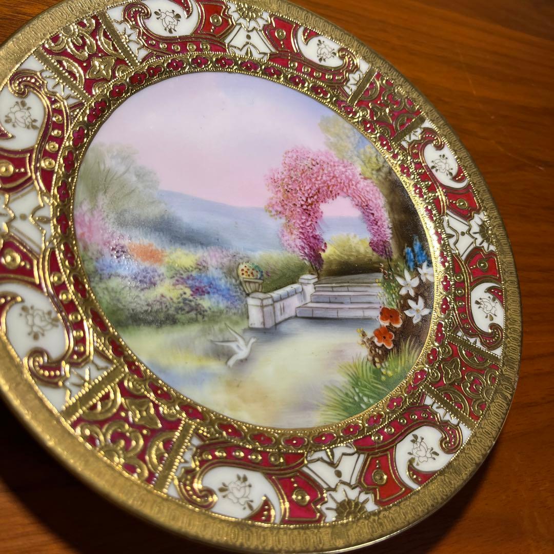オールドノリタケ マルキ印　金盛り　風景花鳥文皿 里帰り　アンティーク