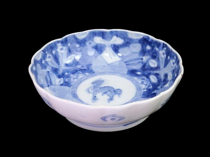 古伊万里　染付　巾着に宝尽くし　麒麟の図　膾皿　５客　129AS-CVv