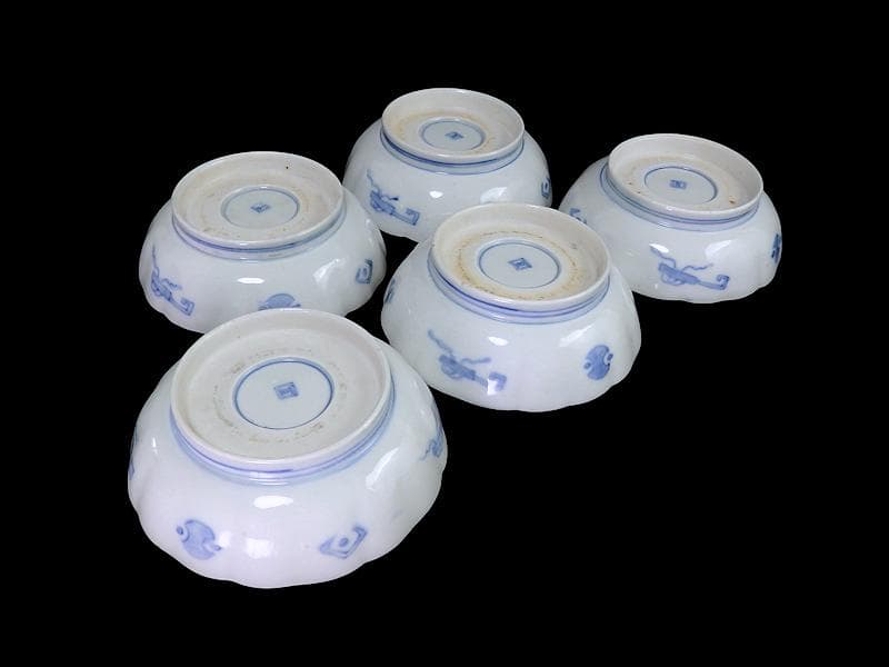 古伊万里　染付　巾着に宝尽くし　麒麟の図　膾皿　５客　129AS-CVv