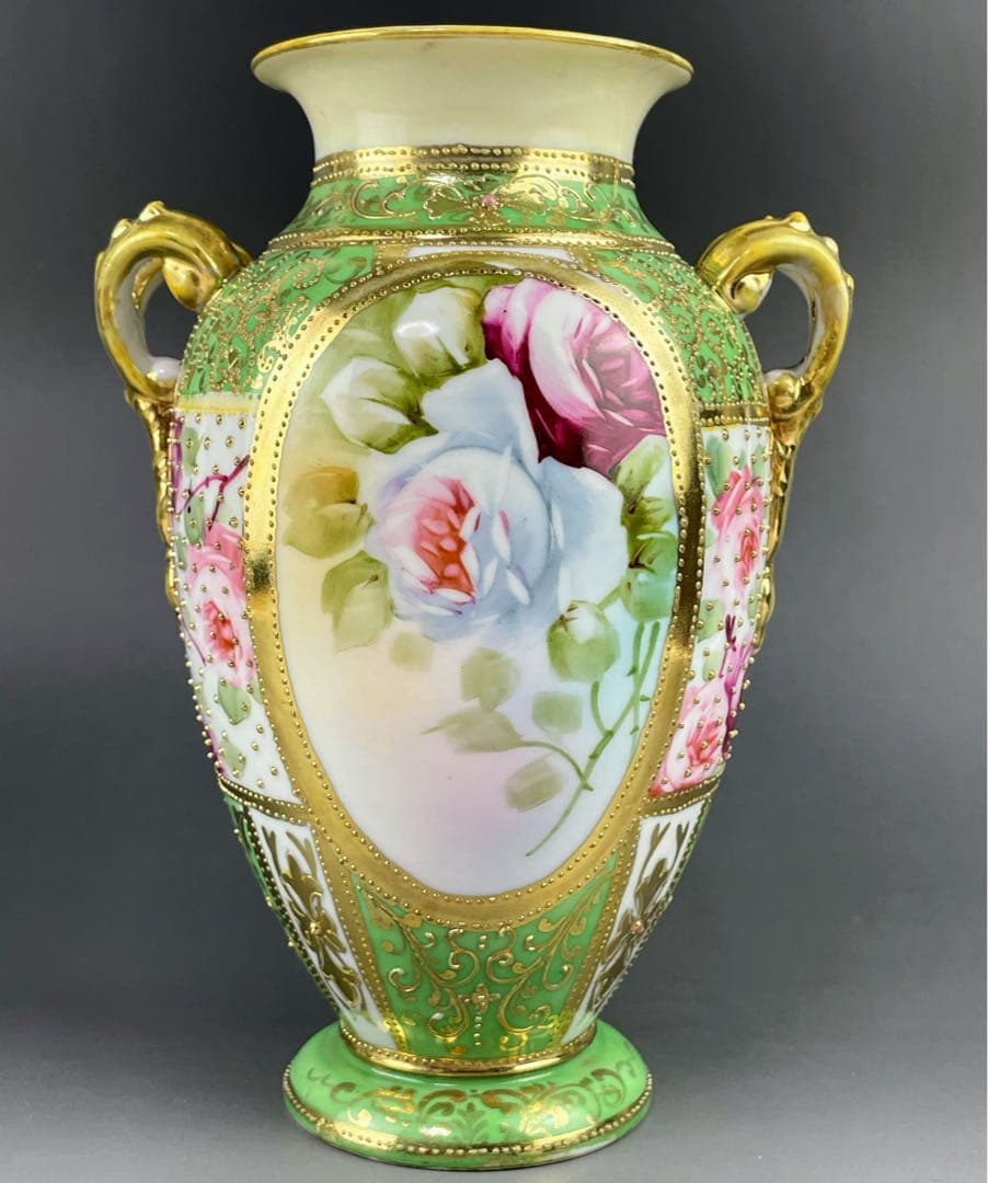 【希少】オールドノリタケ 薔薇紋 ジュエル 金点盛り ビーディング 花瓶