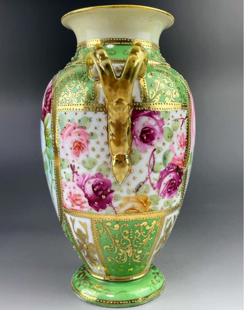 【希少】オールドノリタケ 薔薇紋 ジュエル 金点盛り ビーディング 花瓶