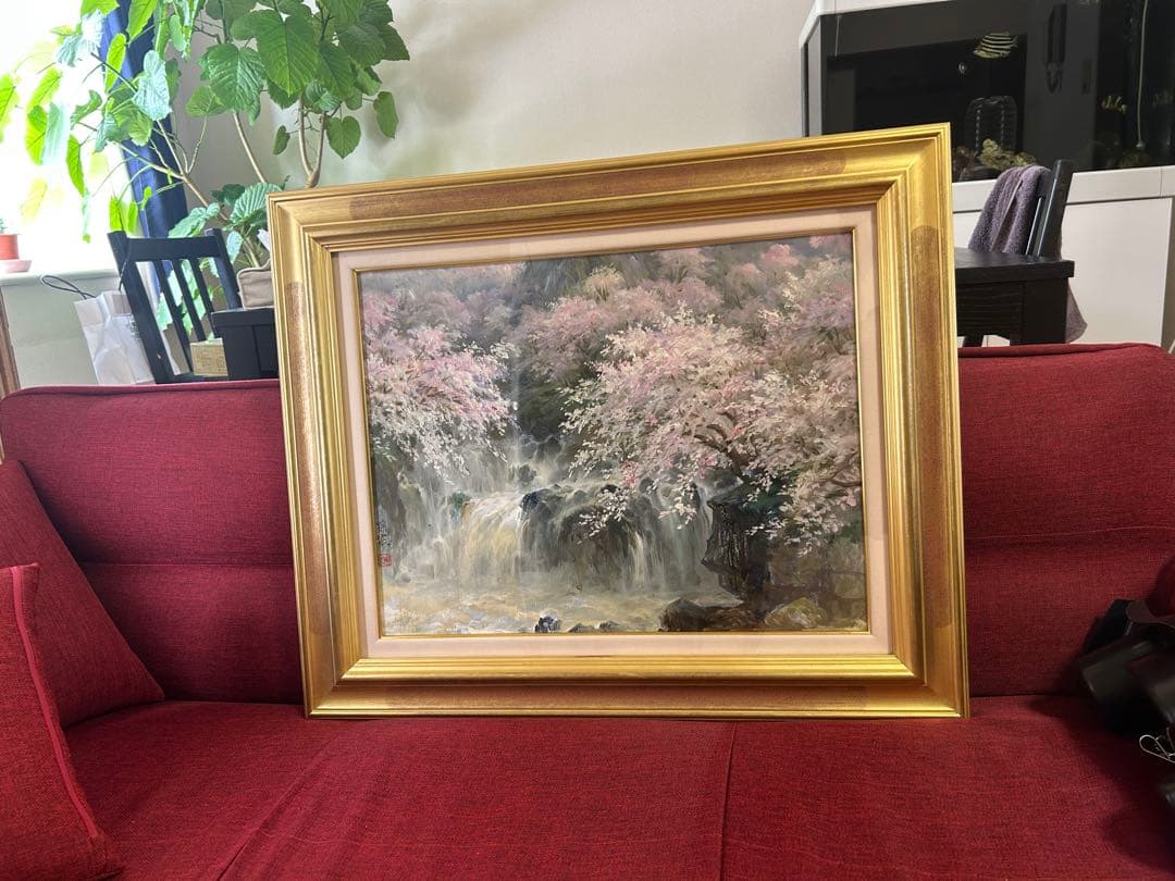 徐波氏　滝と桜の油彩画 大きめのフレーム