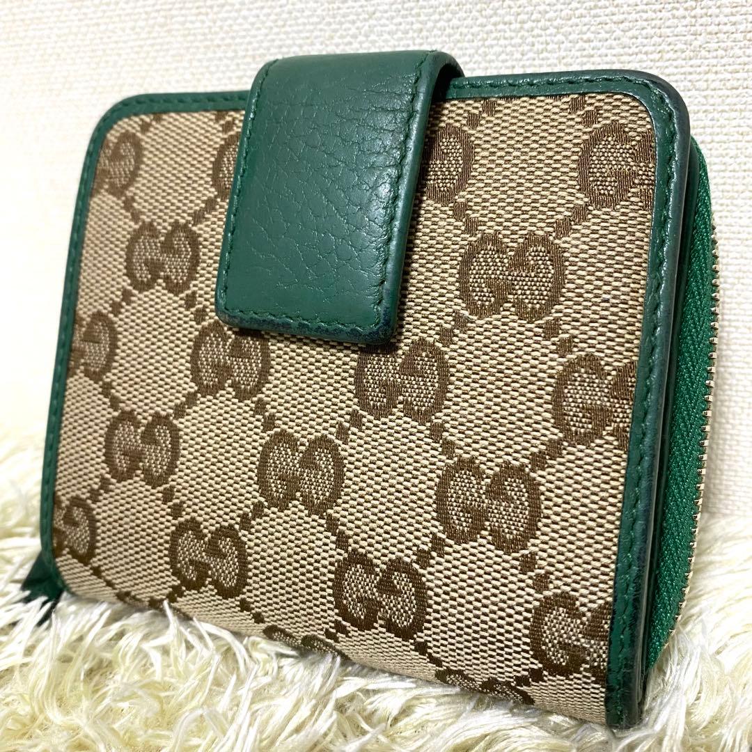 美品✨ GUCCI グッチ 折り財布 GGキャンバス ラウンドジップ グリーン