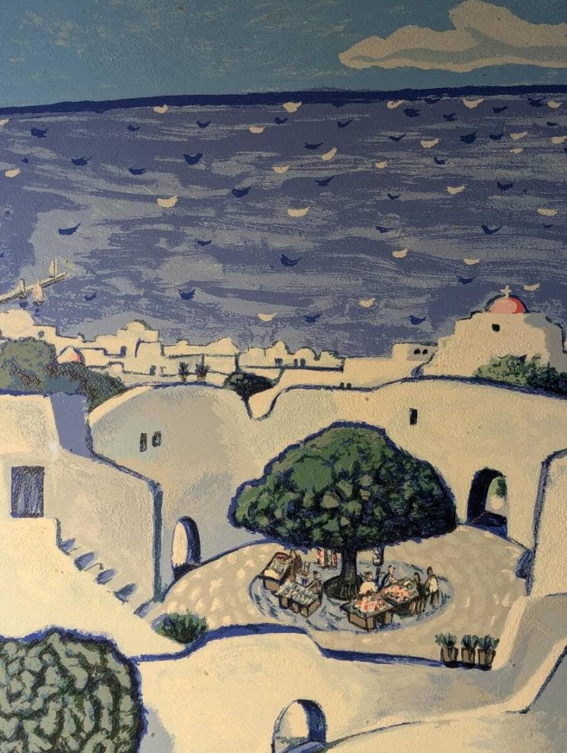 【真作】版画　技法不明　地中海の風景　輝く青と白のコントラスト　V114