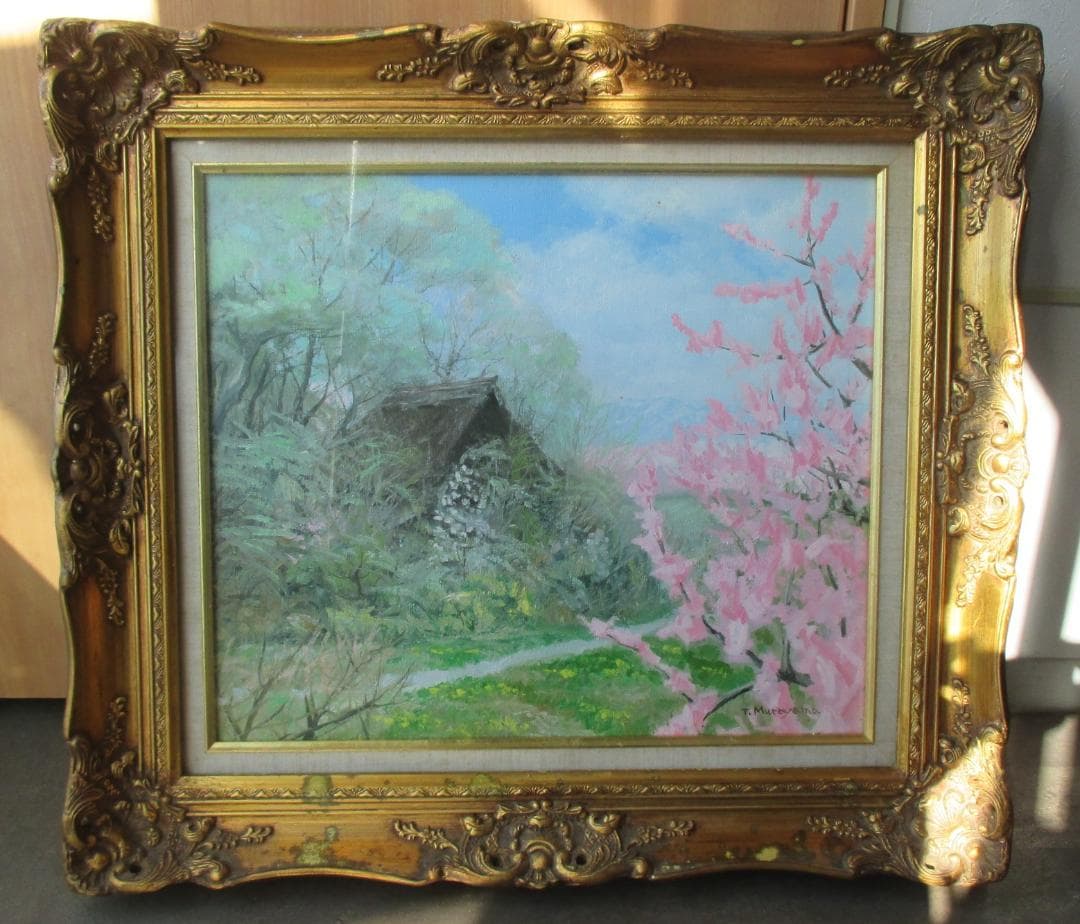 村山孝夫◎桃の花　春　信州◎茅葺屋根油彩原画ふるさとの風景