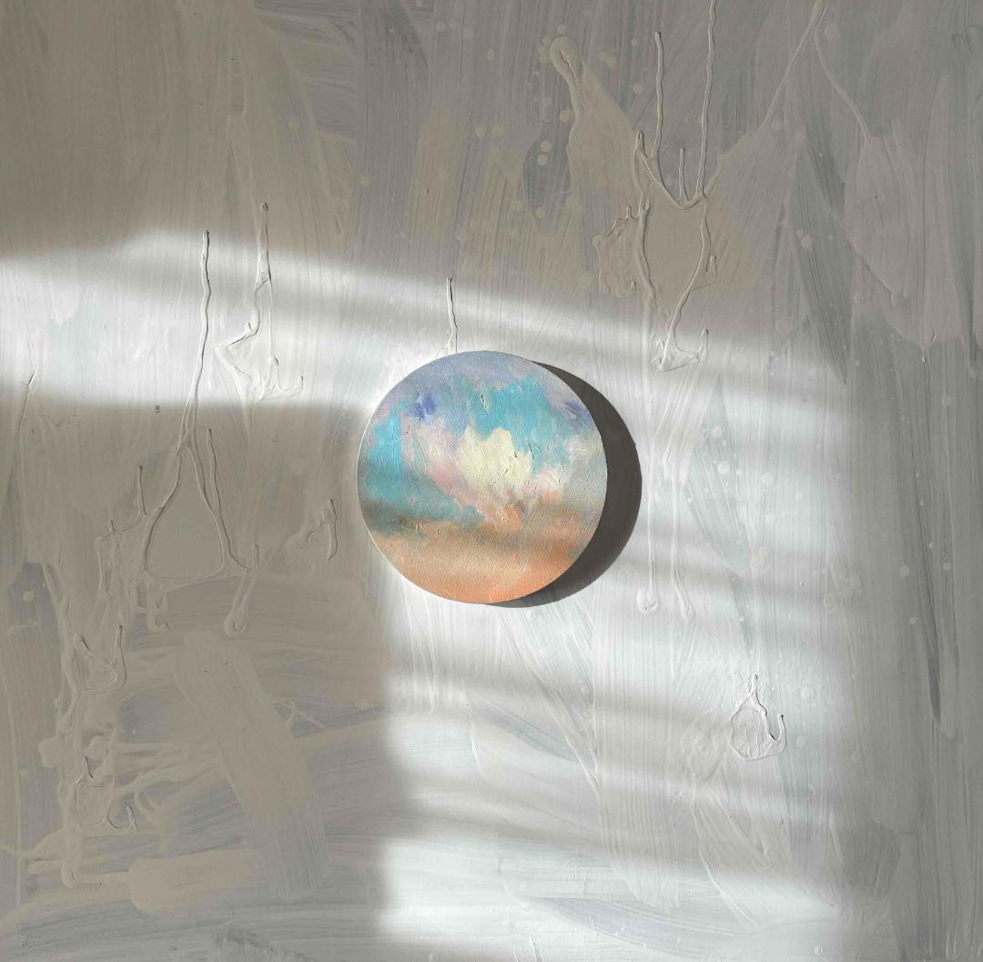 油彩 絵画 『空』丸形アートパネル 直径20cmインテリア 絵画 原画