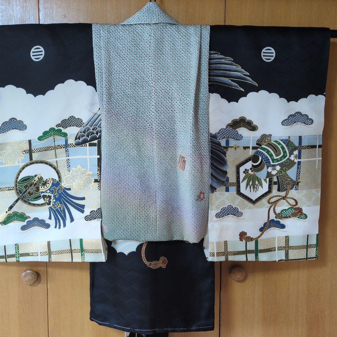 七五三３歳男の子着物と正絹総絞りの被布（中綿無し）ペパーミントグリー