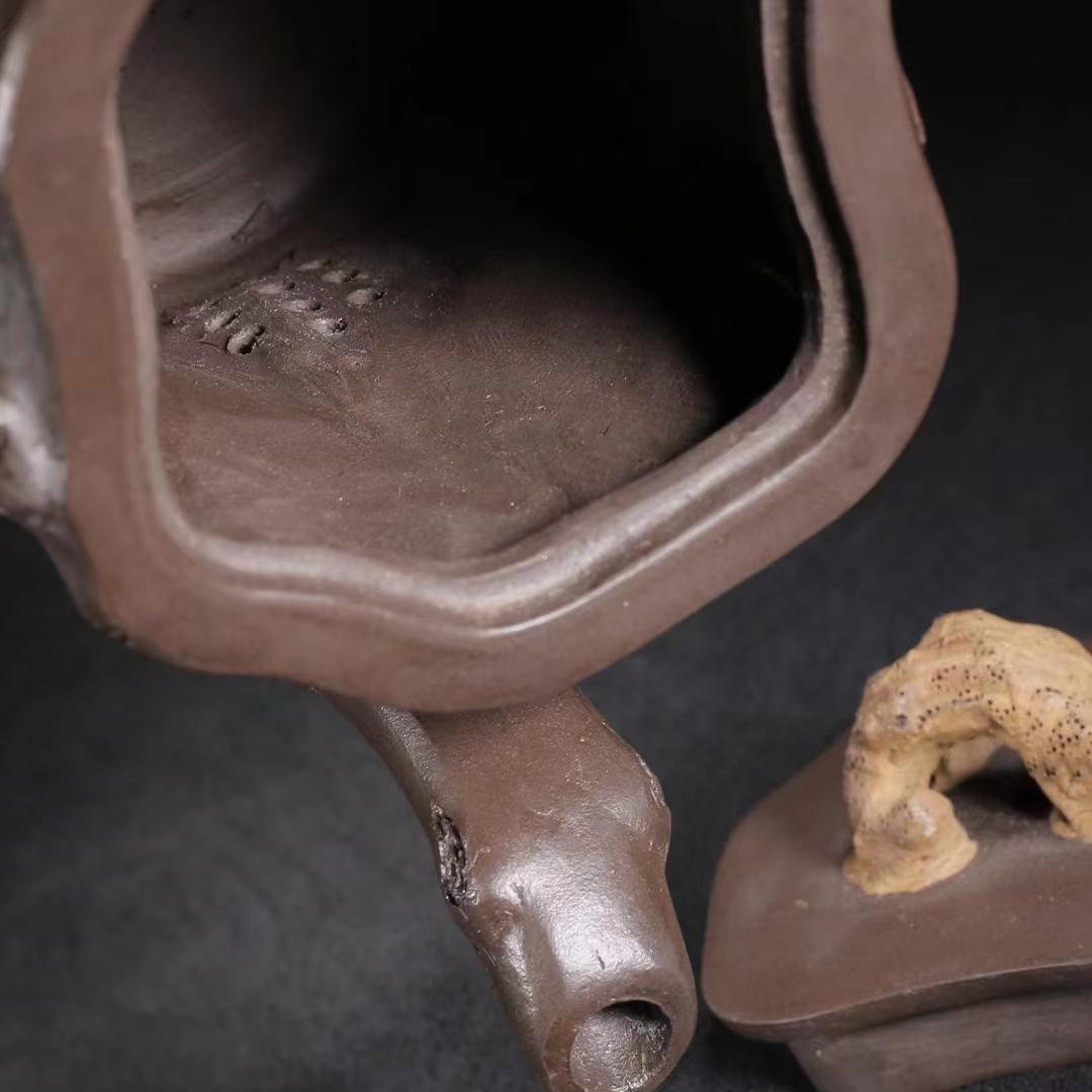 中国古美術・宜興原鉱紫泥 樹桩急須・紫砂壺・底款:蒋蓉・朱泥・急須・茶壺・茶道具