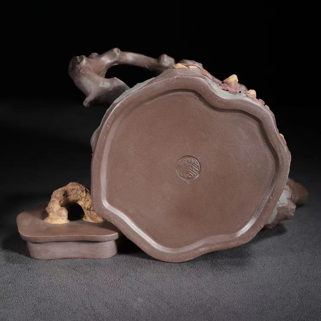 中国古美術・宜興原鉱紫泥 樹桩急須・紫砂壺・底款:蒋蓉・朱泥・急須・茶壺・茶道具