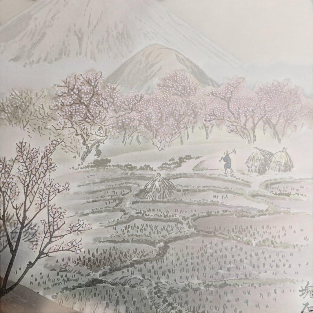 塊石版画、下曽我の梅林と富士、（富士25図の内)定石塊石画昭和6年出版