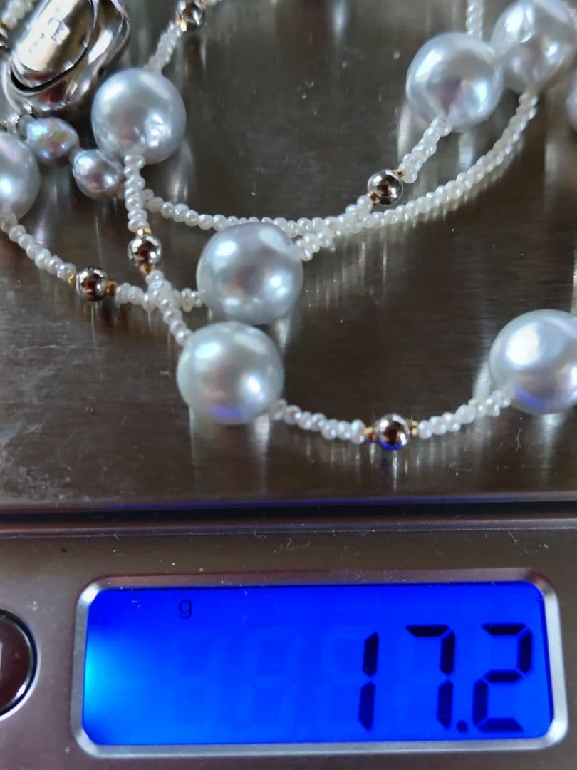 アコヤ真珠シルバーグレーの大珠、あこや砂芥子パールのネックレス