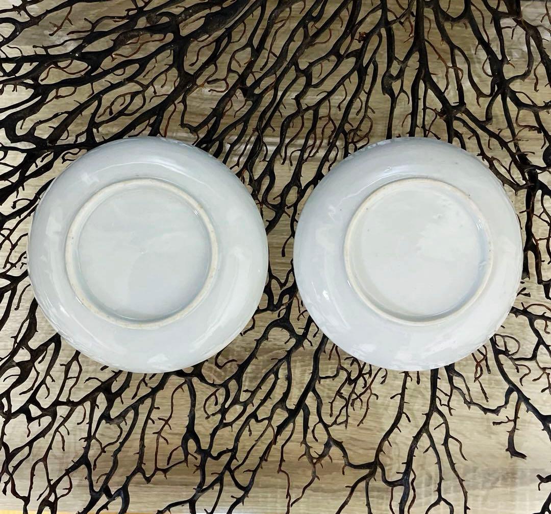 骨董　図変わり印判　希少　雪輪に福助　蓑亀　縁起図案　色絵印判　手塩皿　２客