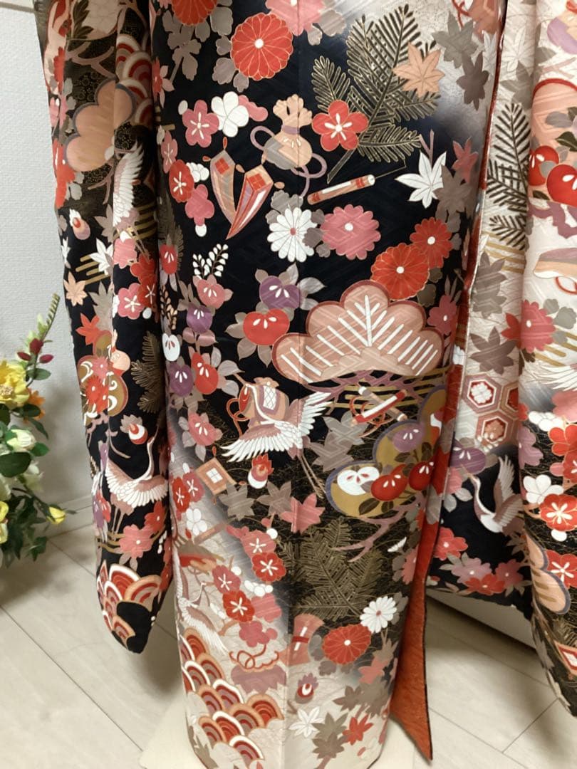 黒地に古典柄の正絹振袖コーディネートセット 長襦袢　フルセット 身丈155