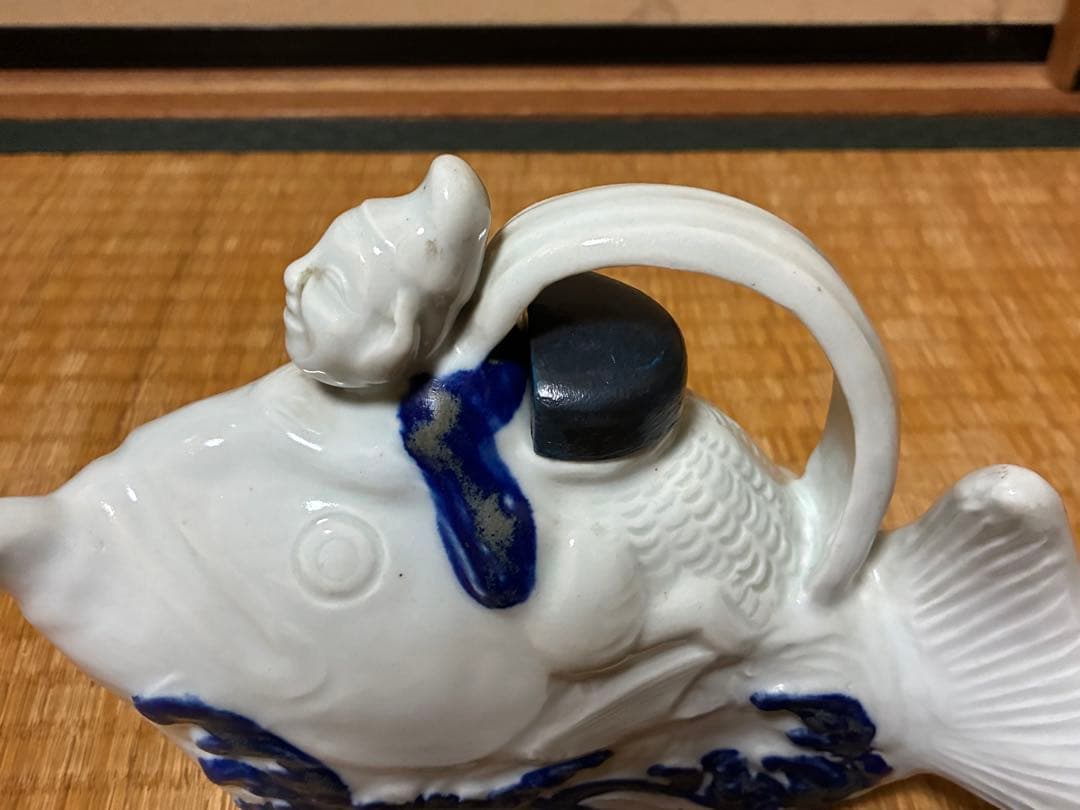 茶道具 白磁 魚型 陶器 手付き 急須 水柱 木箱付 中国美術？