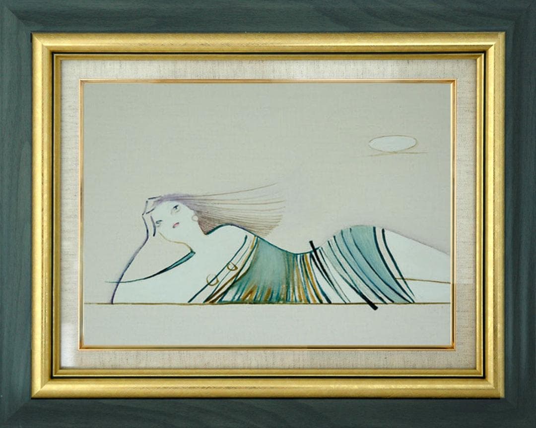 油絵 菅家令子 絵 絵画インテリア額付(青緑＋金色の枠) F3-041114女性